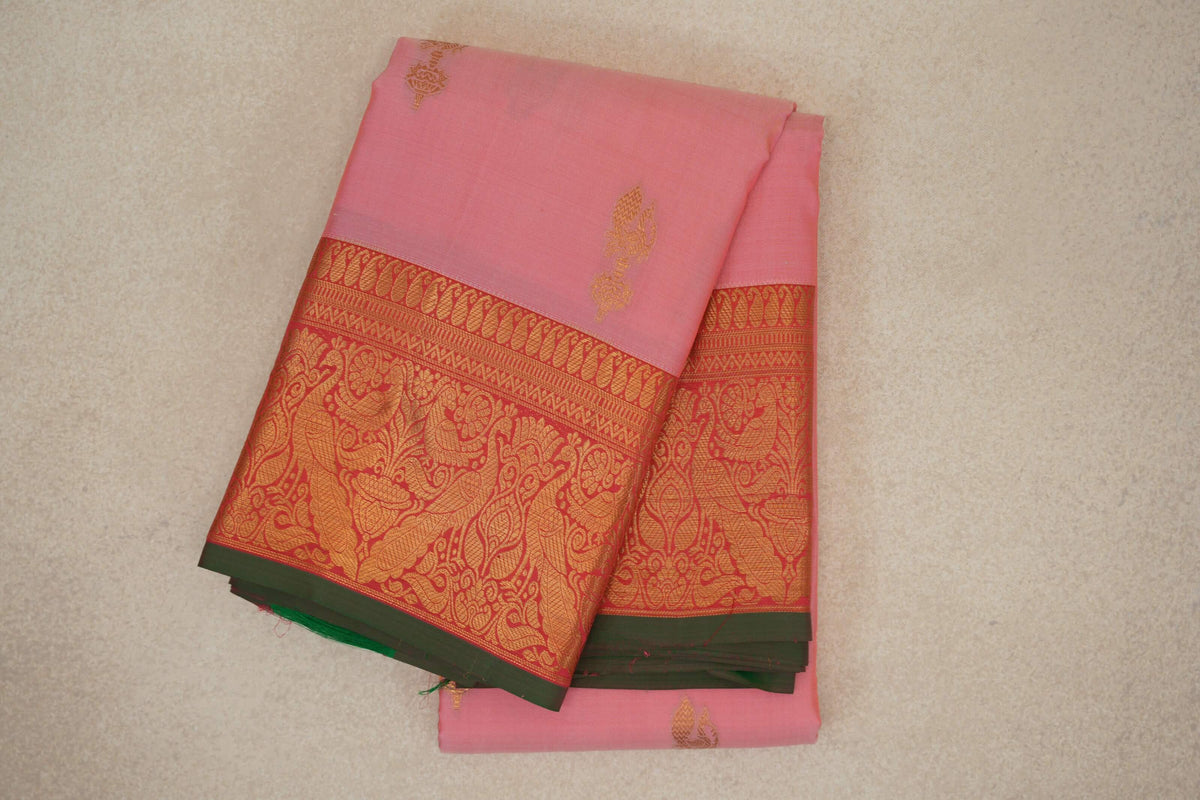 Pastel Pink with Coral Red with Dark Green Selvedge Borders Light Weight Kanjivaram Silk Saree