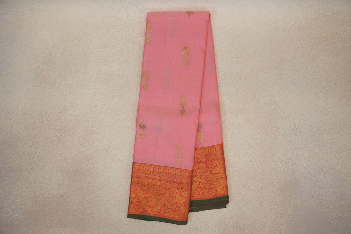 Online Pastel Pink with Coral Red with Dark Green Selvedge Borders Light Weight Kanjivaram Silk Saree