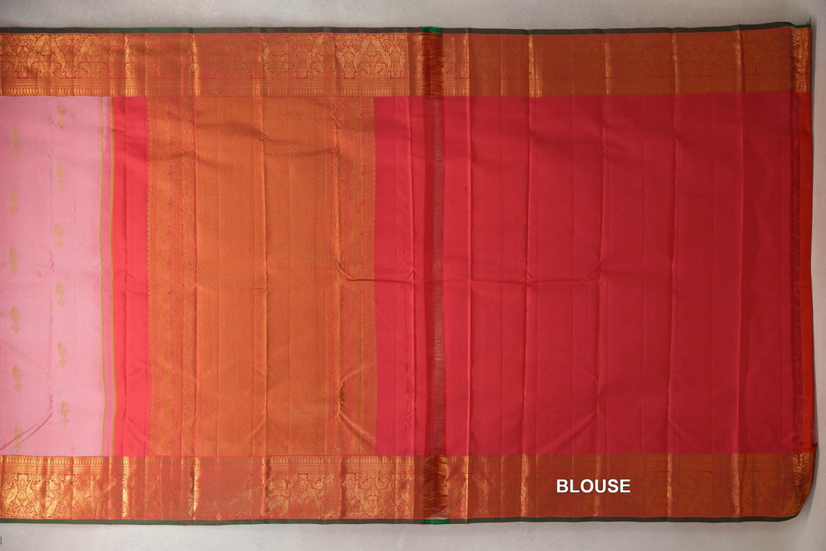 Pastel Pink with Coral Red with Dark Green Selvedge Borders Light Weight Kanjivaram Silk Saree blouse