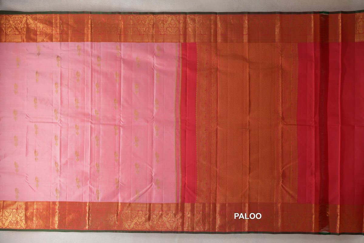 Pastel Pink with Coral Red with Dark Green Selvedge Borders Light Weight Kanjivaram Silk Saree paloo
