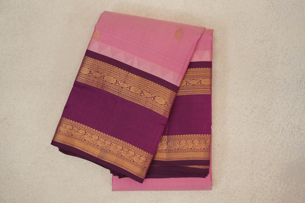 Light Rose Pink with Deep Magenta Rettai Pettu Borders Light Weight Kanjivaram Silk Saree