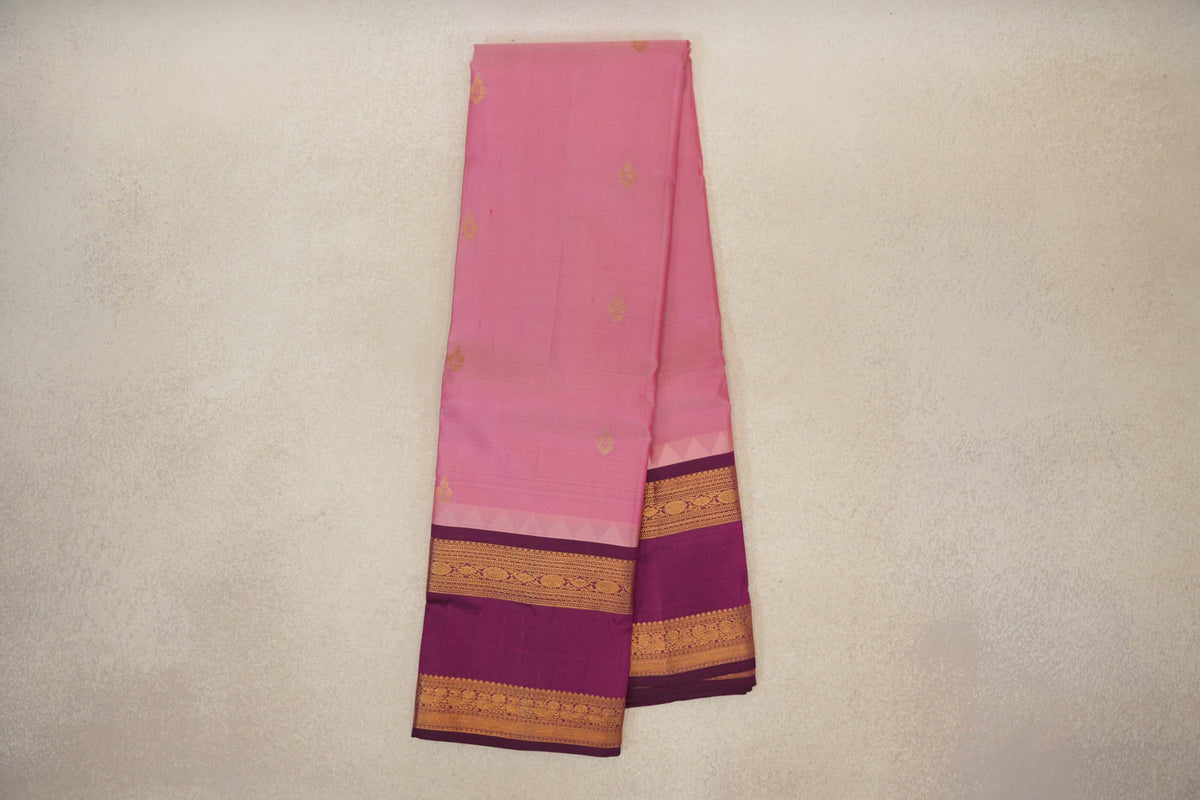 Online Light Rose Pink with Deep Magenta Rettai Pettu Borders Light Weight Kanjivaram Silk Saree