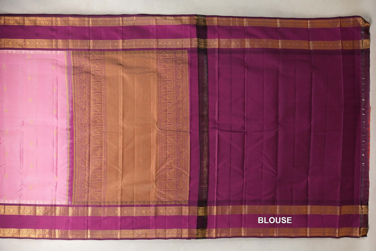 Light Rose Pink with Deep Magenta Rettai Pettu Borders Light Weight Kanjivaram Silk Saree blouse