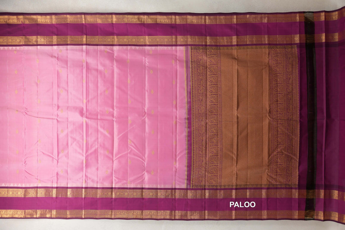Light Rose Pink with Deep Magenta Rettai Pettu Borders Light Weight Kanjivaram Silk Saree paloo