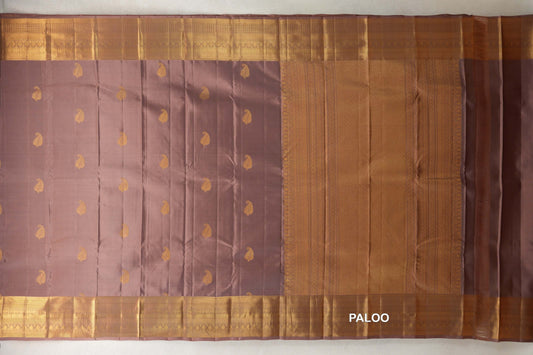 Light brown lightweight Kanchipuram silk saree laid flat, with gold paisley motifs, broad patterned borders and a woven pallu on the right.