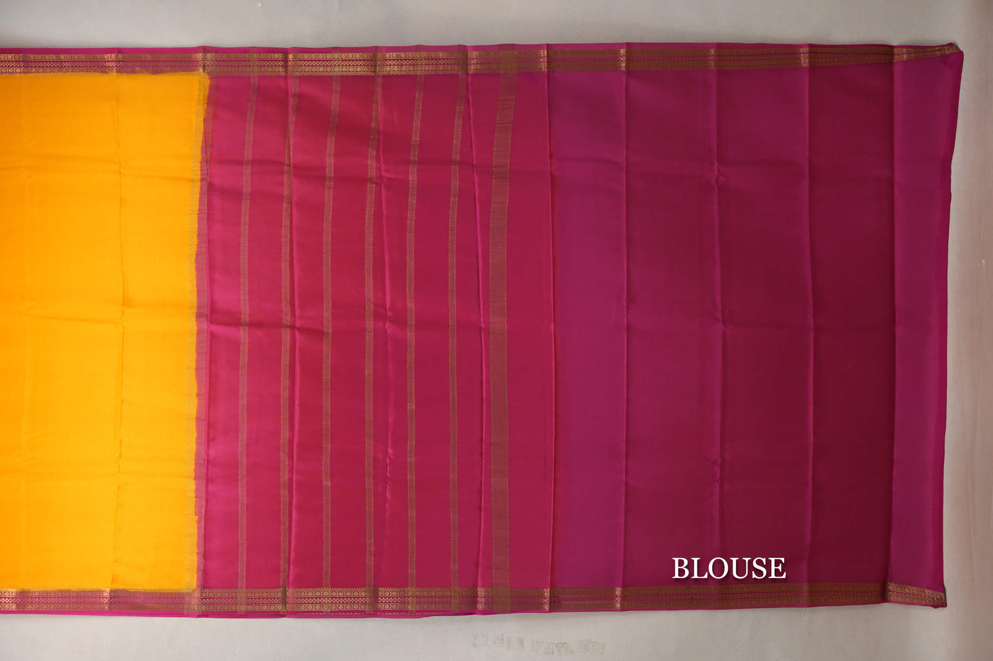 Mango Yellow with Rani Pink Borders Mysore Silk Saree blouse