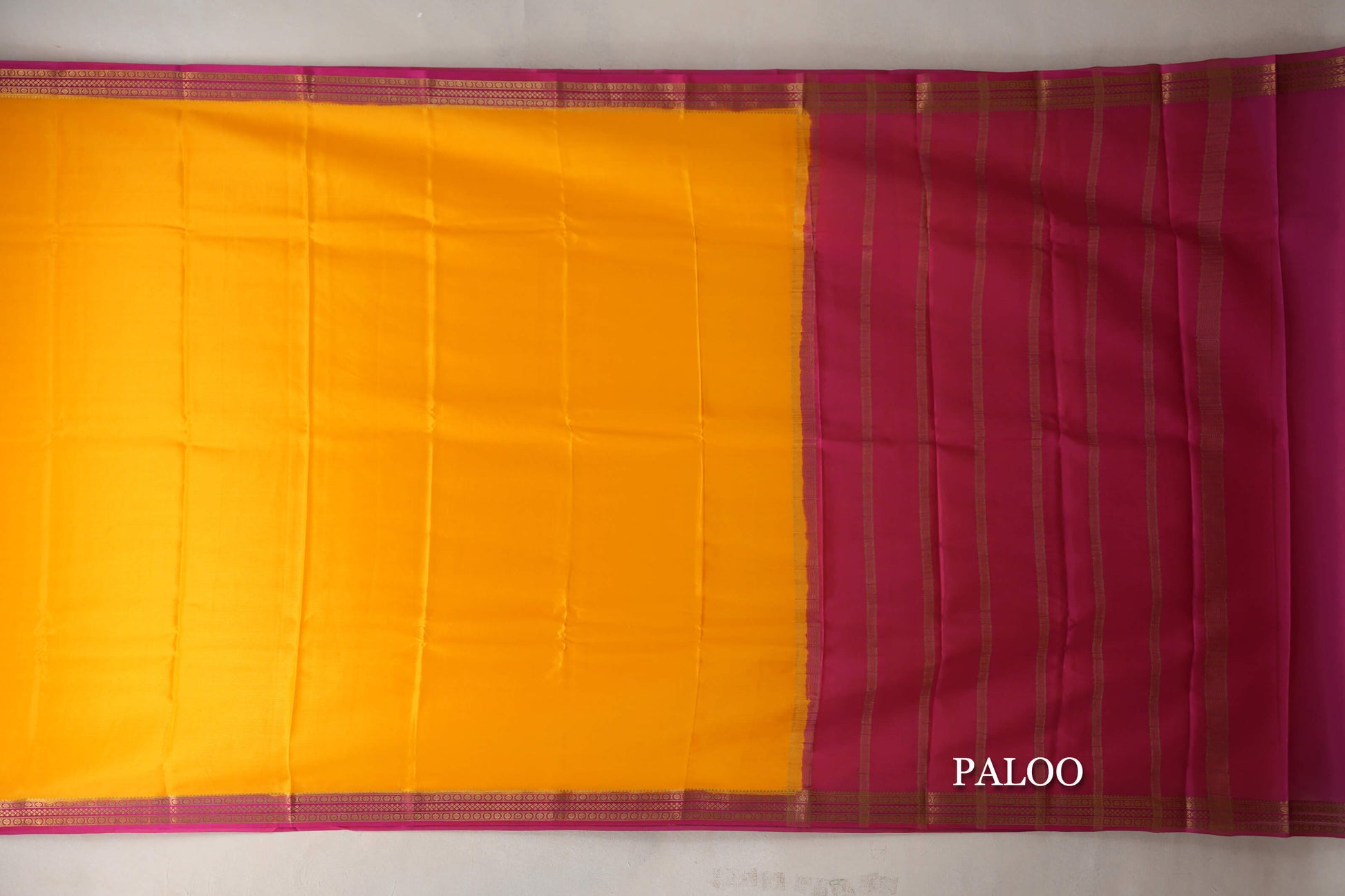 Mango Yellow with Rani Pink Borders Mysore Silk Saree paloo