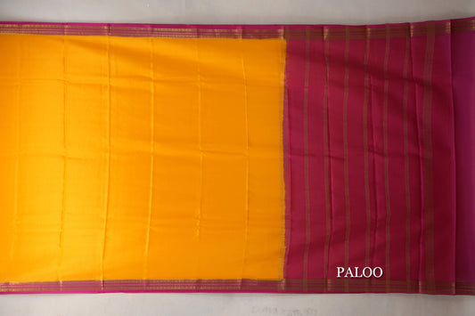 Mango Yellow with Rani Pink Borders Mysore Silk Saree paloo