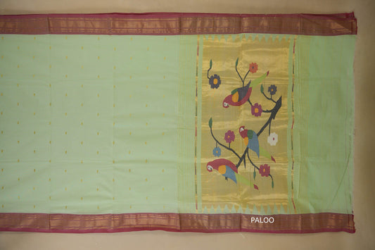 Pista green with onion pink borders Paithani Cotton Saree paloo