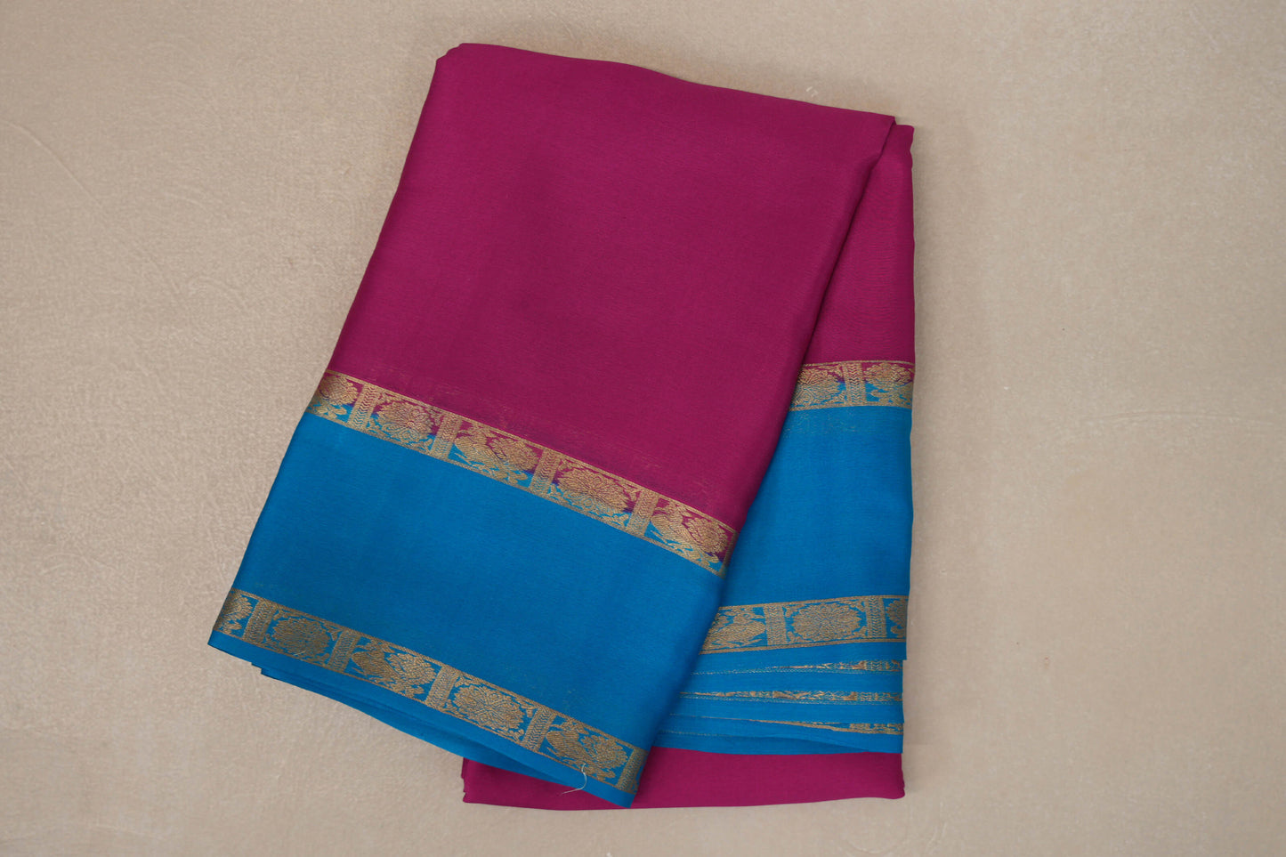 Bright Pink with Aqua Blue Borders Mysore Silk Saree