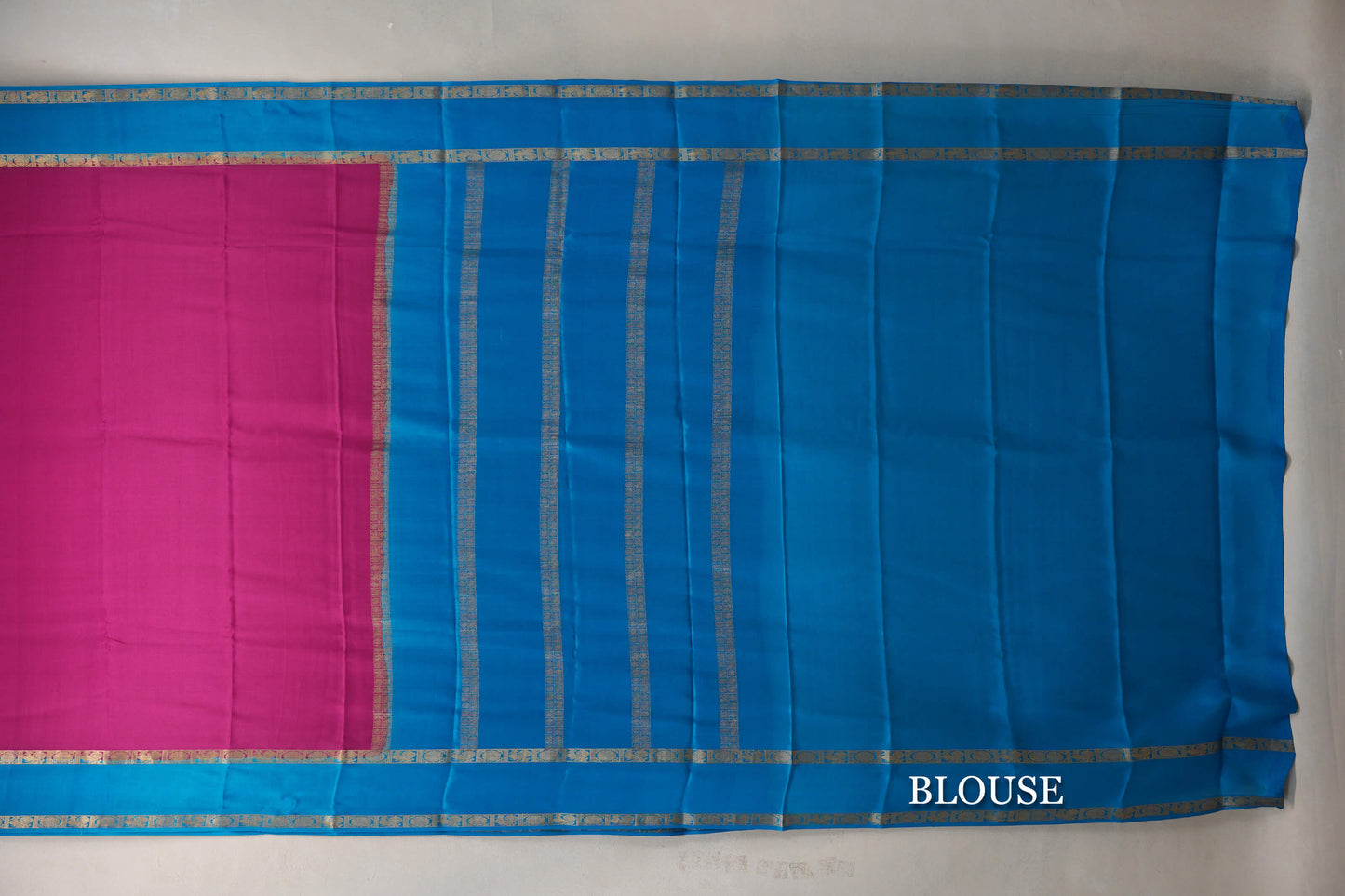 Bright Pink with Aqua Blue Borders Mysore Silk Saree blouse