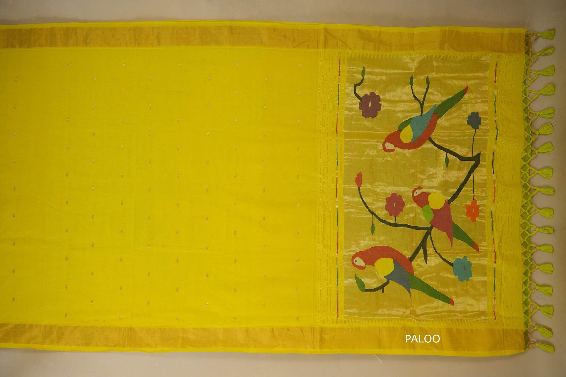 Lemon yellow Paithani Cotton Saree paloo