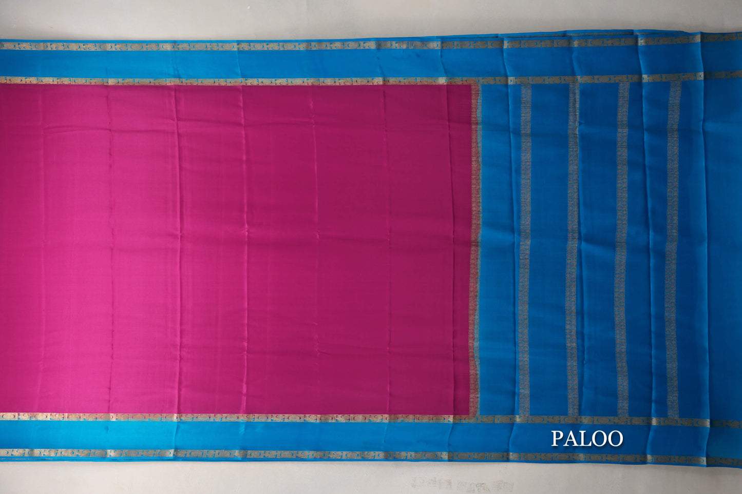 Bright Pink with Aqua Blue Borders Mysore Silk Saree paloo