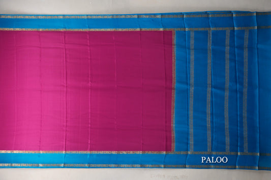 Bright Pink with Aqua Blue Borders Mysore Silk Saree paloo
