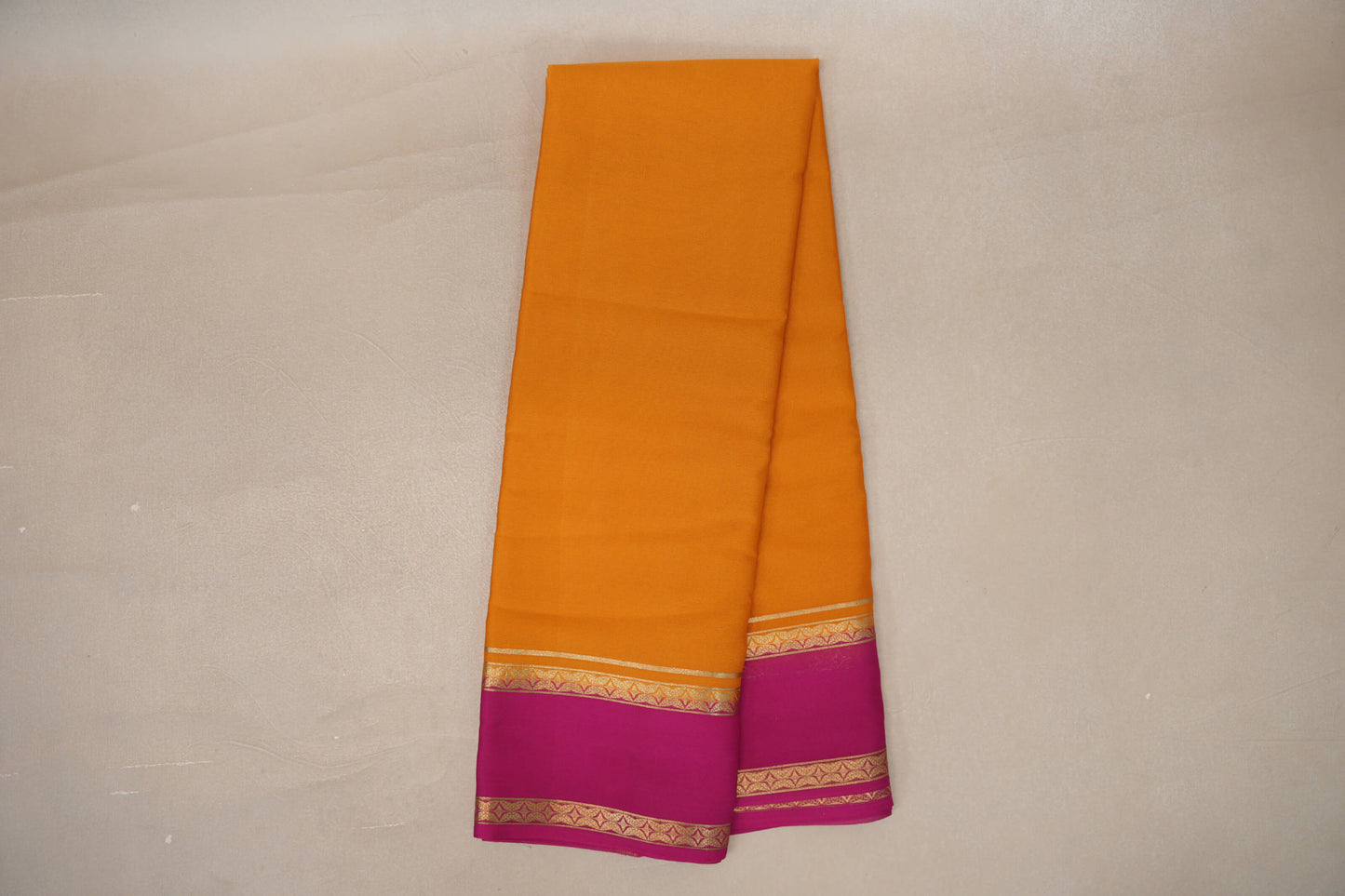 Online Mango Yellow with Bright Pink Borders Mysore Silk Saree