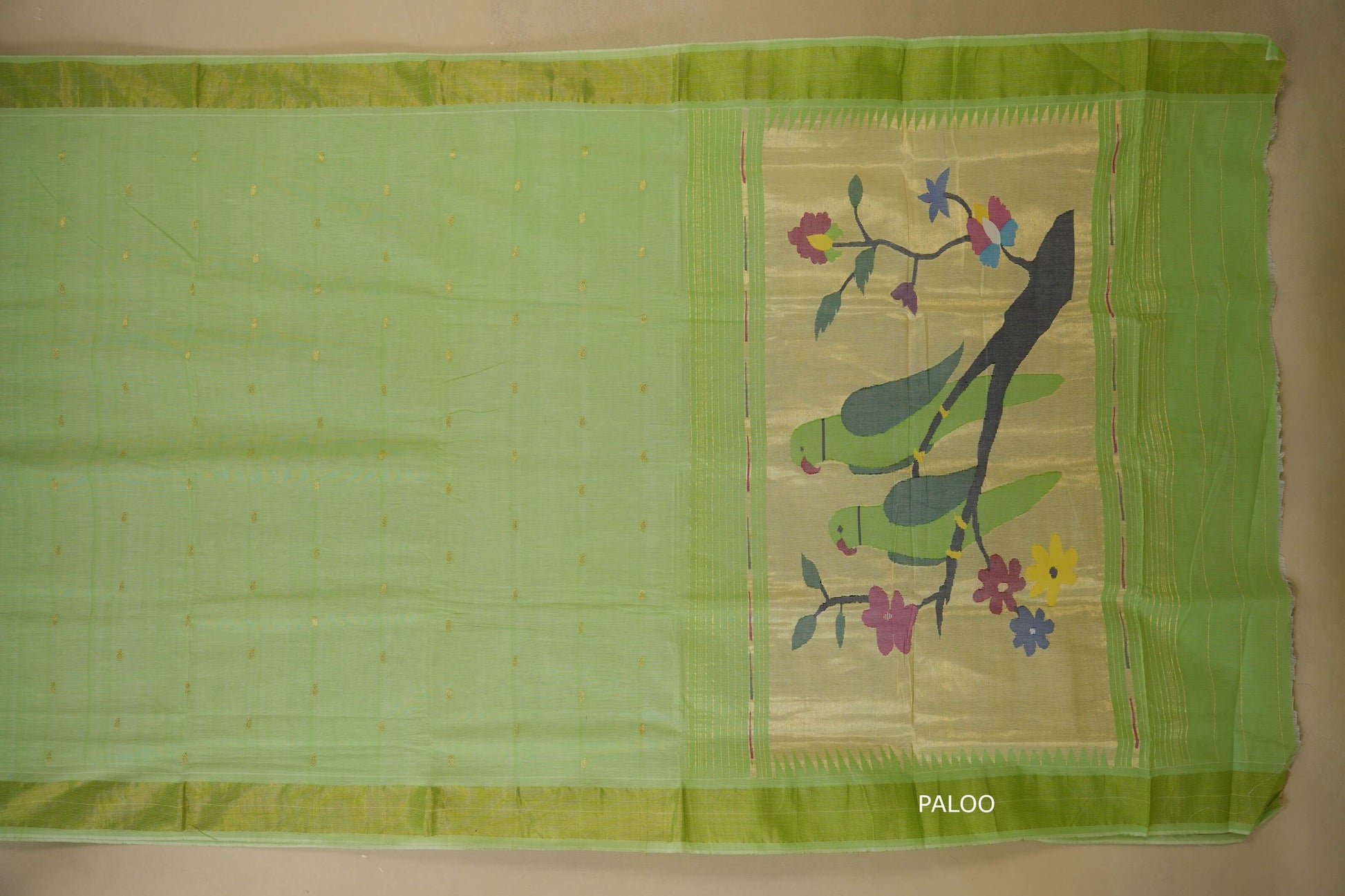 Pista green Paithani Cotton Saree paloo