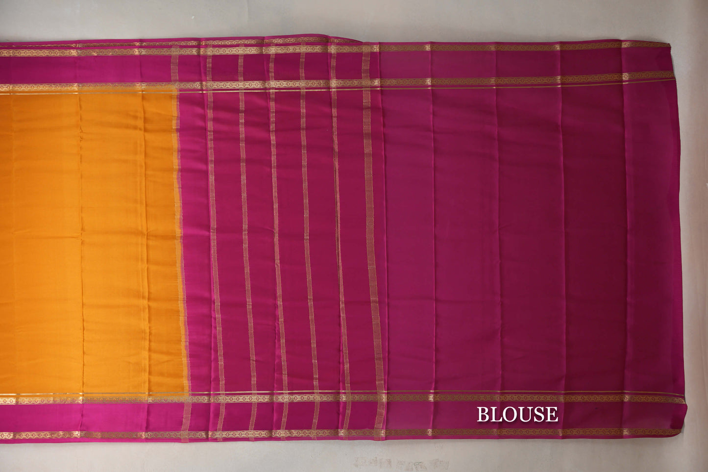 Mango Yellow with Bright Pink Borders Mysore Silk Saree blouse
