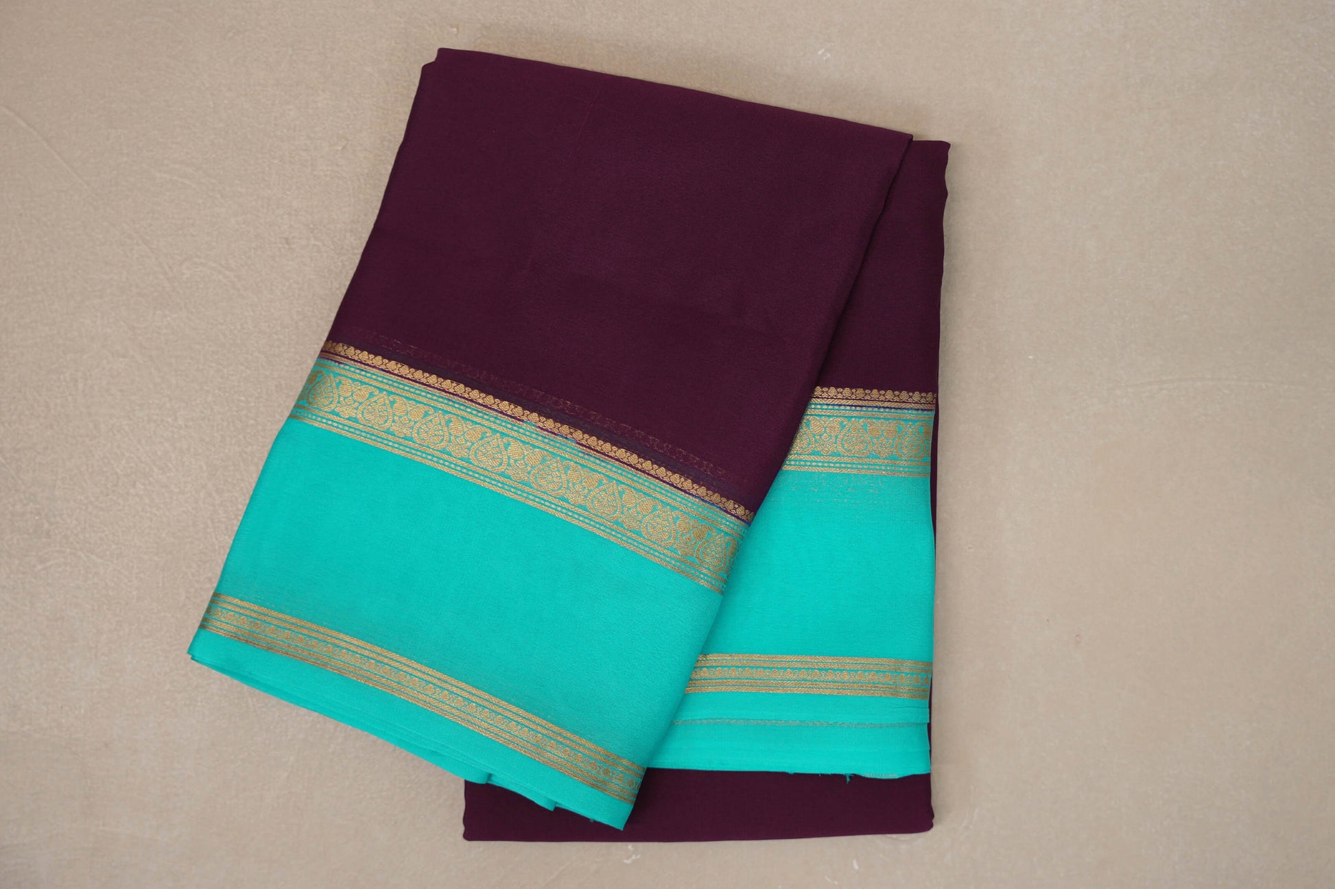 Dark Purple with Aqua Blue Borders Mysore Silk Saree