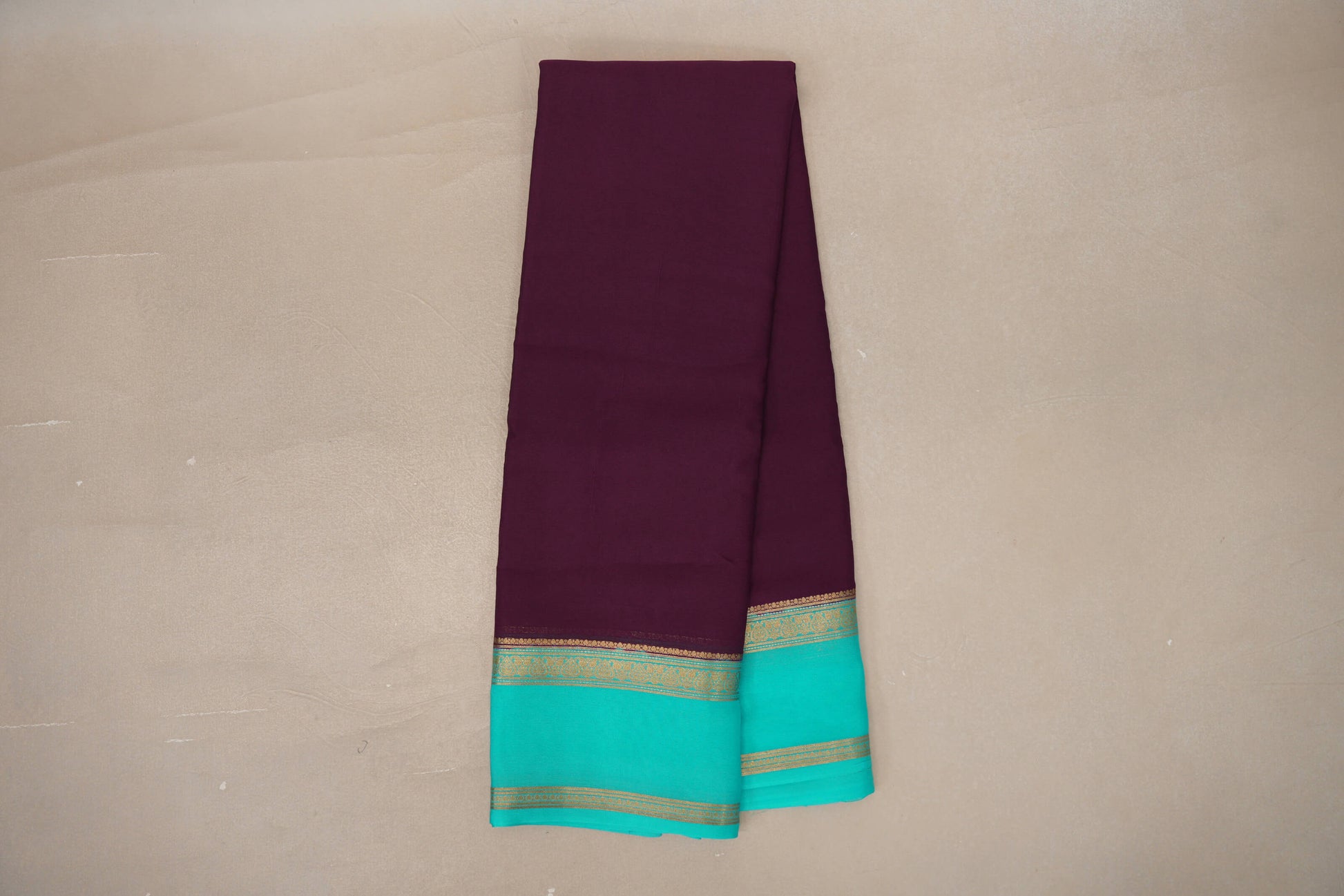 Online Dark Purple with Aqua Blue Borders Mysore Silk Saree