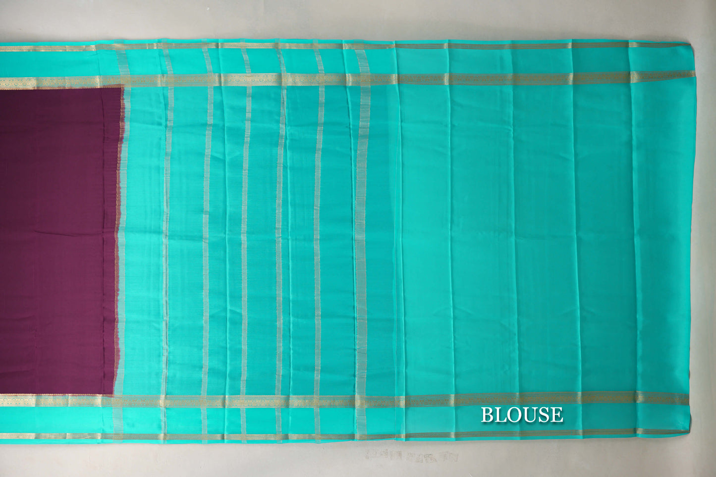 Dark Purple with Aqua Blue Borders Mysore Silk Saree blouse