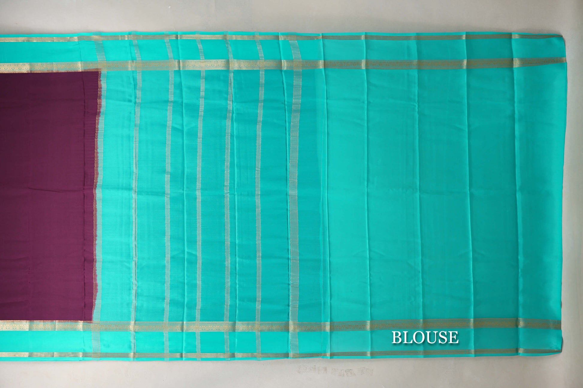 Dark Purple with Aqua Blue Borders Mysore Silk Saree blouse