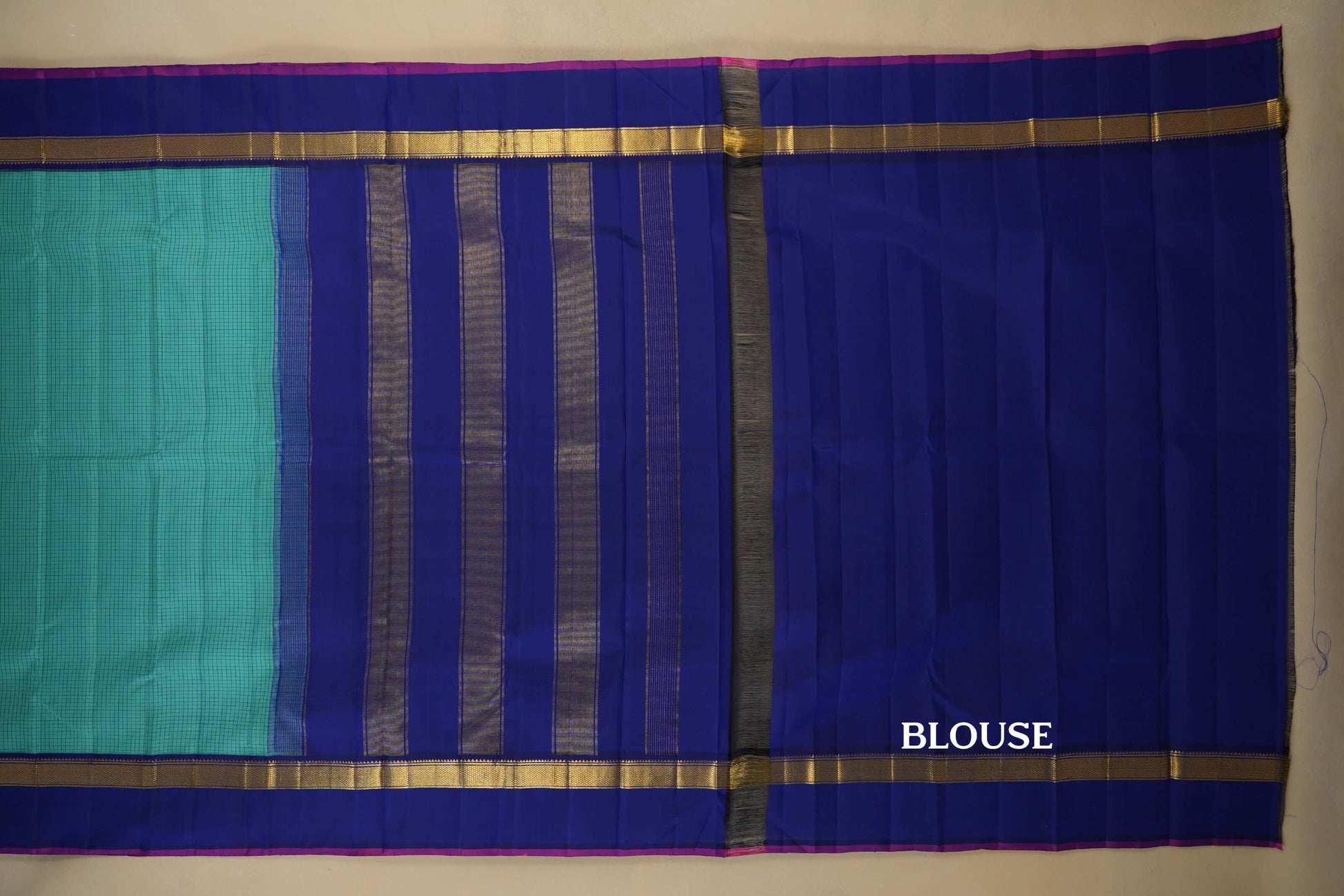 Teal Blue with Violet Borders Vintage Kanjivaram Silk Saree Blouse