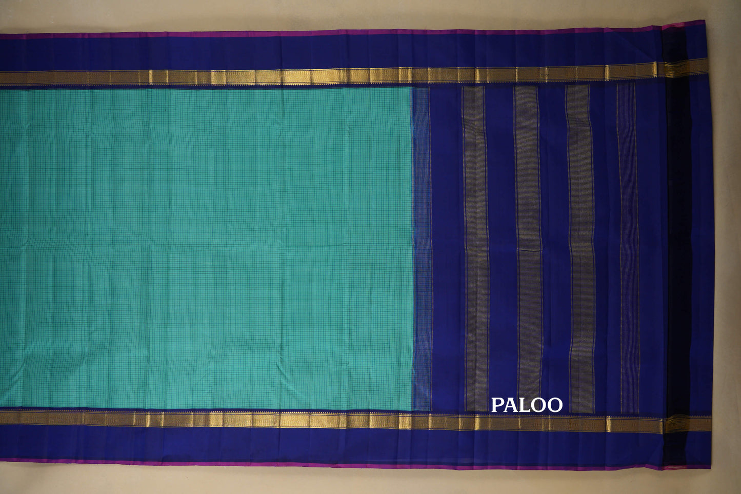 Teal Blue with Violet Borders Vintage Kanjivaram Silk Saree Paloo