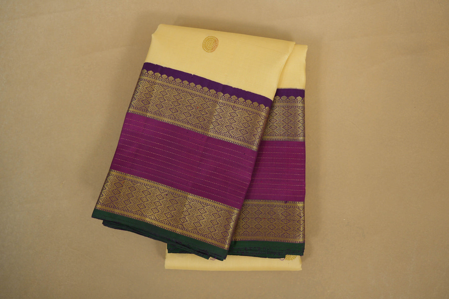 folded Half White with Magenta and Purple Borders Vintage Kanjivaram Silk Saree 
