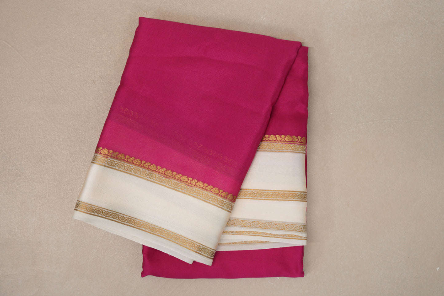 Bright Rani Pink with Cream Borders Mysore Silk Saree