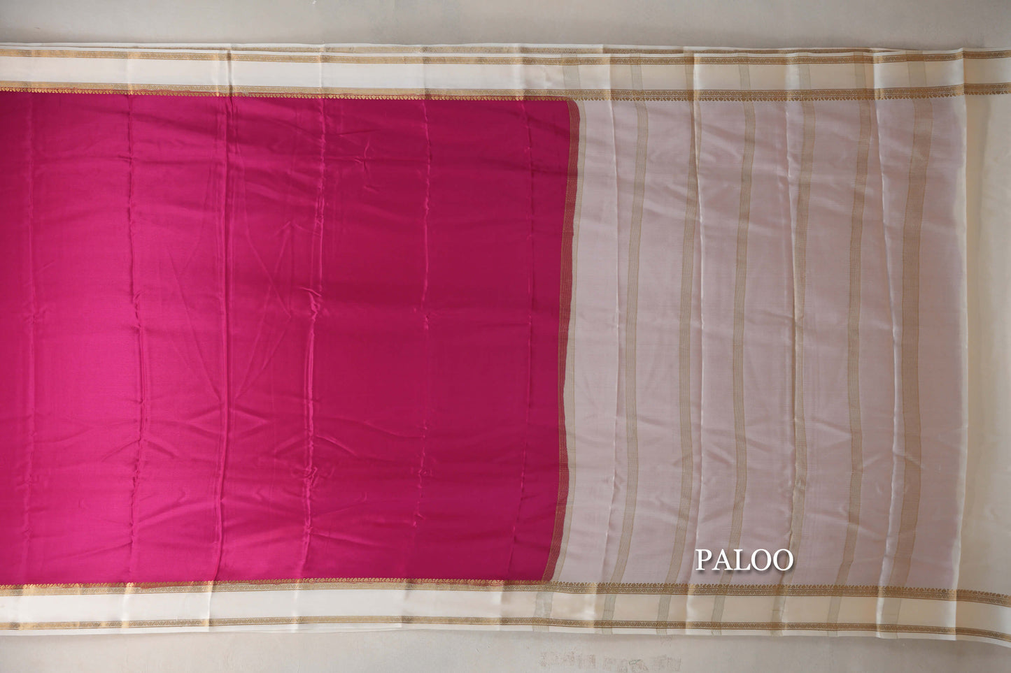 Bright Rani Pink with Cream Borders Mysore Silk Saree paloo