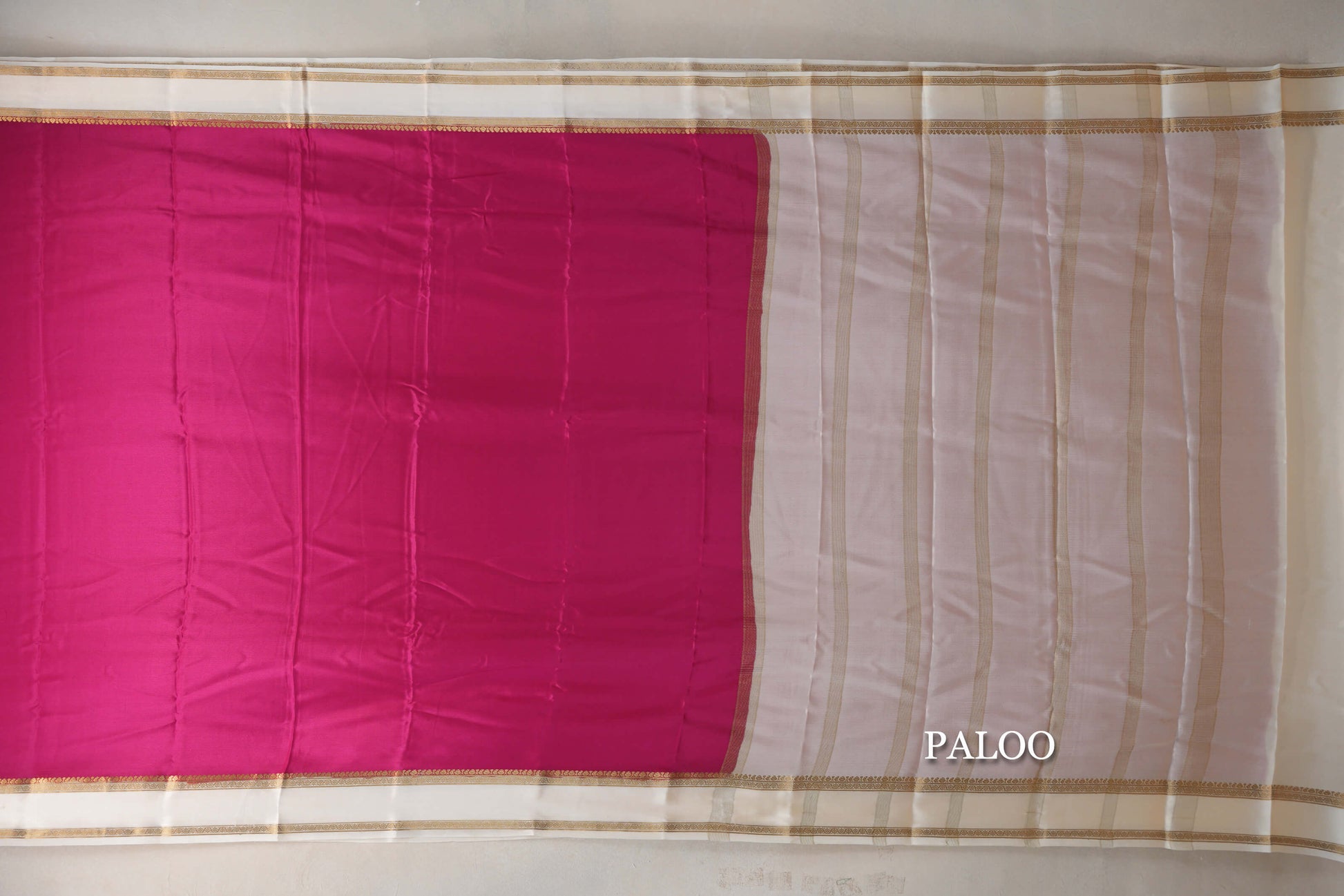 Bright Rani Pink with Cream Borders Mysore Silk Saree paloo