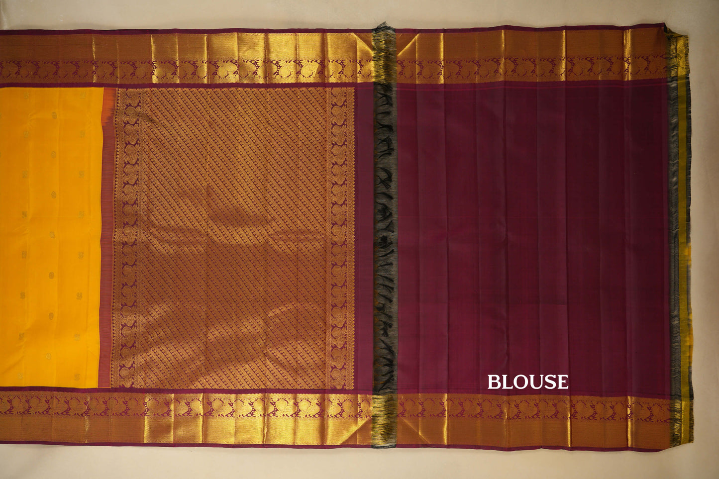 Yellow with Burgundy Maroon Borders Vintage Kanjivaram Silk Saree  Blouse