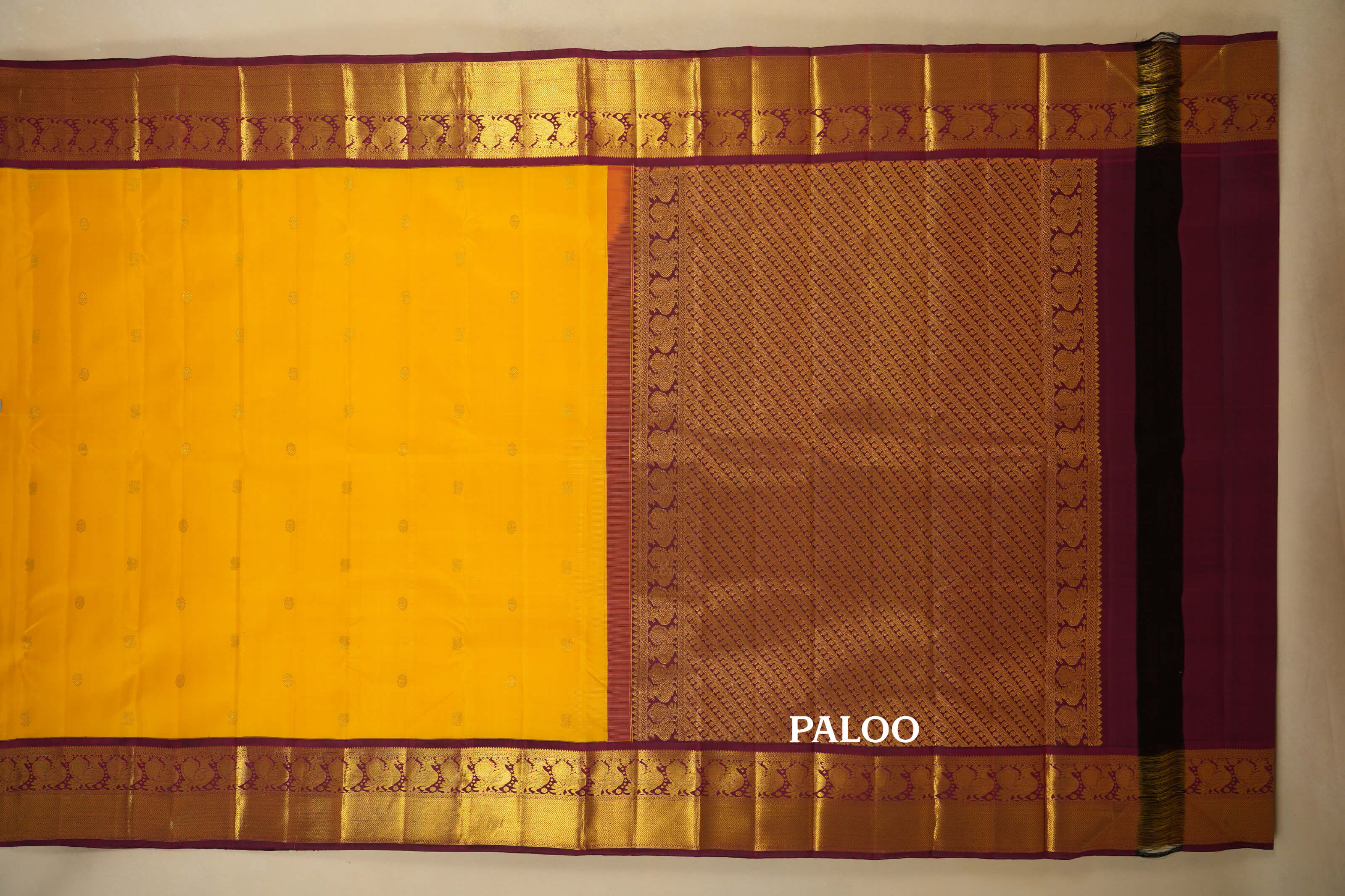 Yellow with Burgundy Maroon Borders Vintage Kanjivaram Silk Saree  Paloo