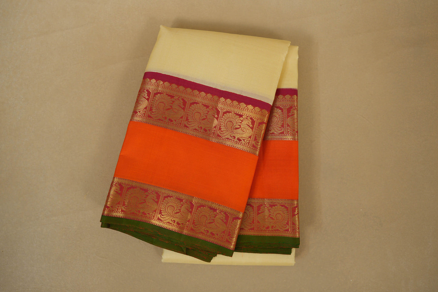 Folded Half White with Orange and Pink Borders Vintage Kanjivaram Silk Saree