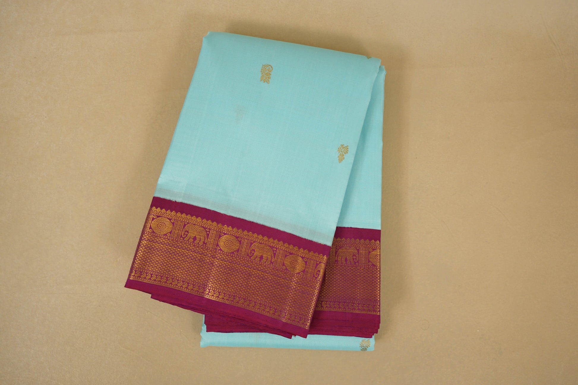 Folded Sky Blue with Magenta Borders Vintage Kanjivaram Silk Saree