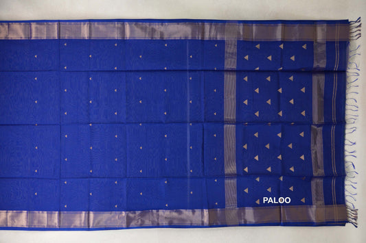 Deep Royal Blue Maheshwari silk cotton saree laid flat, with small triangular accents, patterned borders and a tasseled Royal Blue pallu.