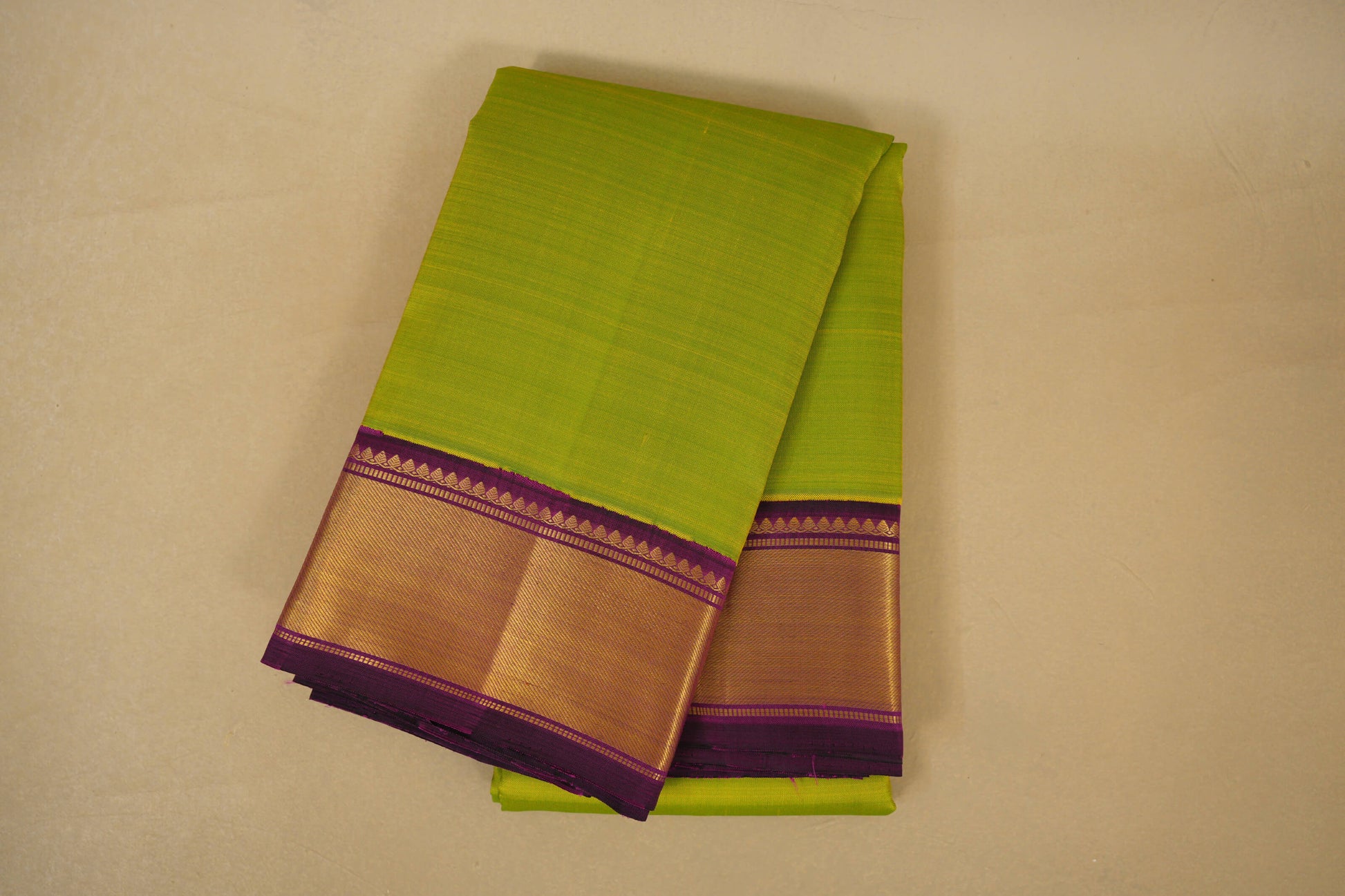 Folded Fluorescent Green with Purple Borders Vintage Kanjivaram Silk Saree 