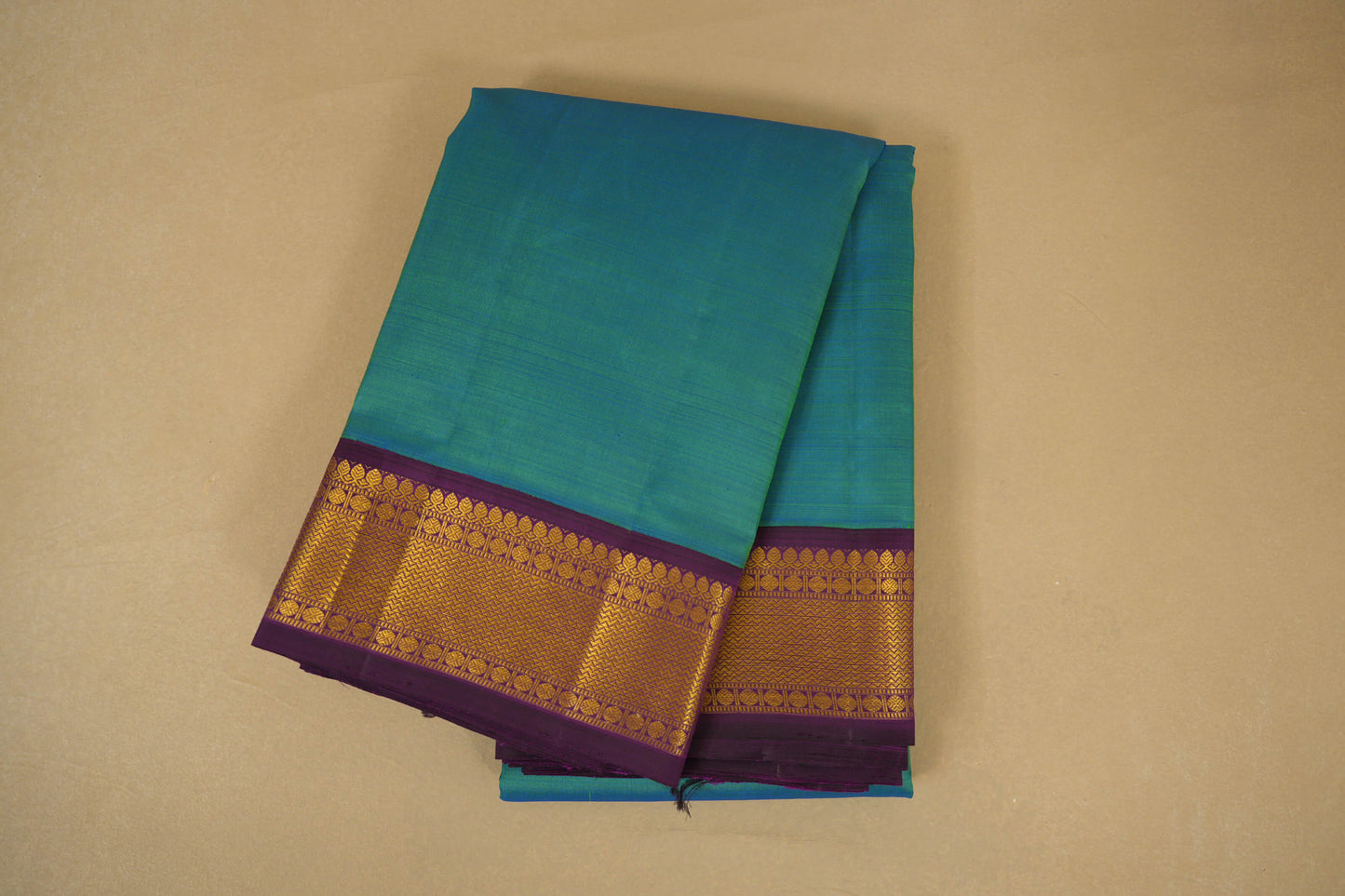 Folded Peacock Green with Purple Borders Vintage Kanjivaram Silk Saree 