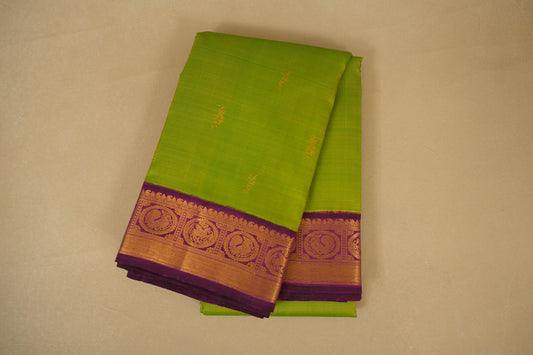 Folded Fluorescent Green with Purple Borders Vintage Kanjivaram Silk Saree