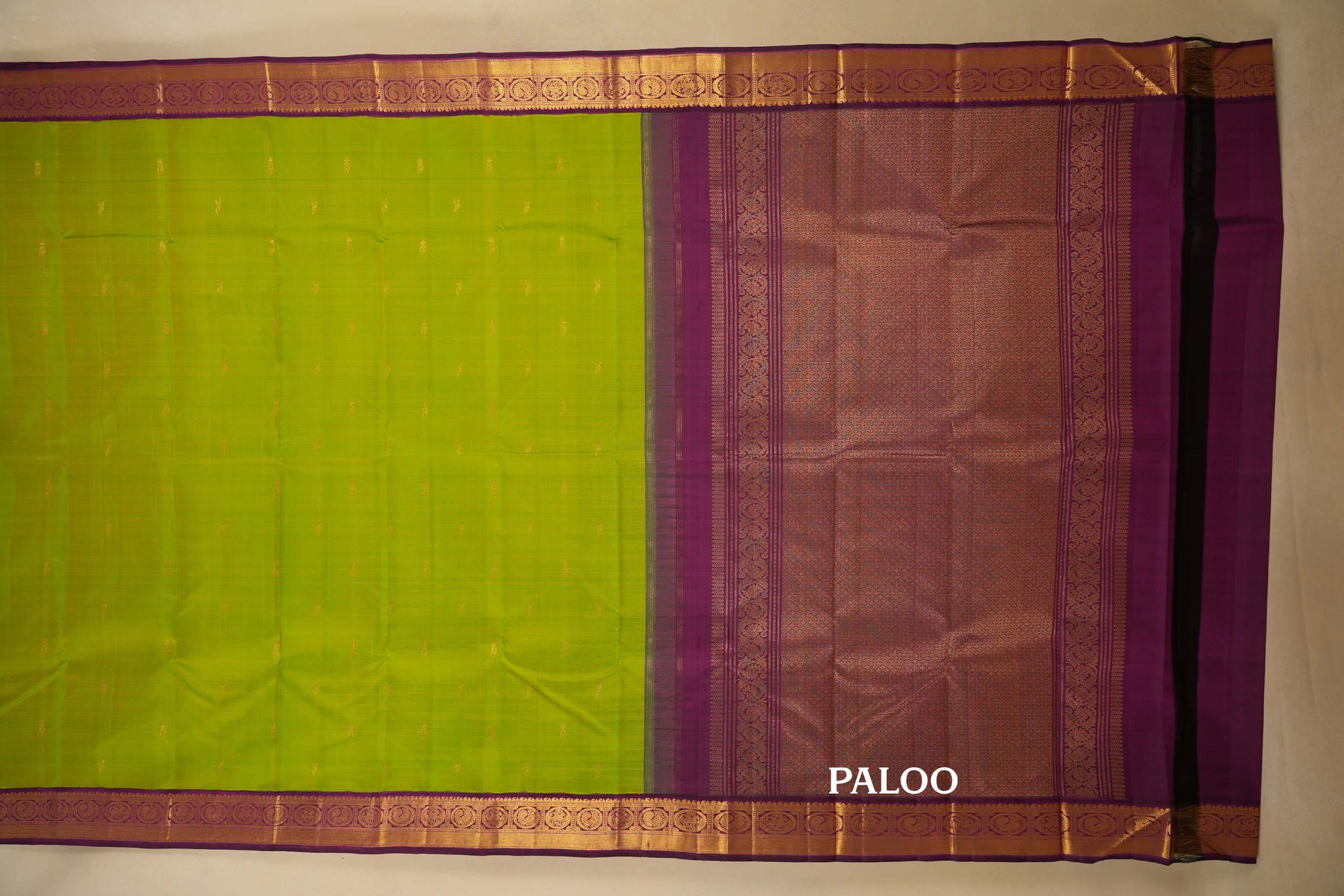 Fluorescent Green with Purple Borders Vintage Kanjivaram Silk Saree Paloo