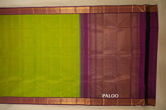 Fluorescent Green with Purple Borders Vintage Kanjivaram Silk Saree Paloo