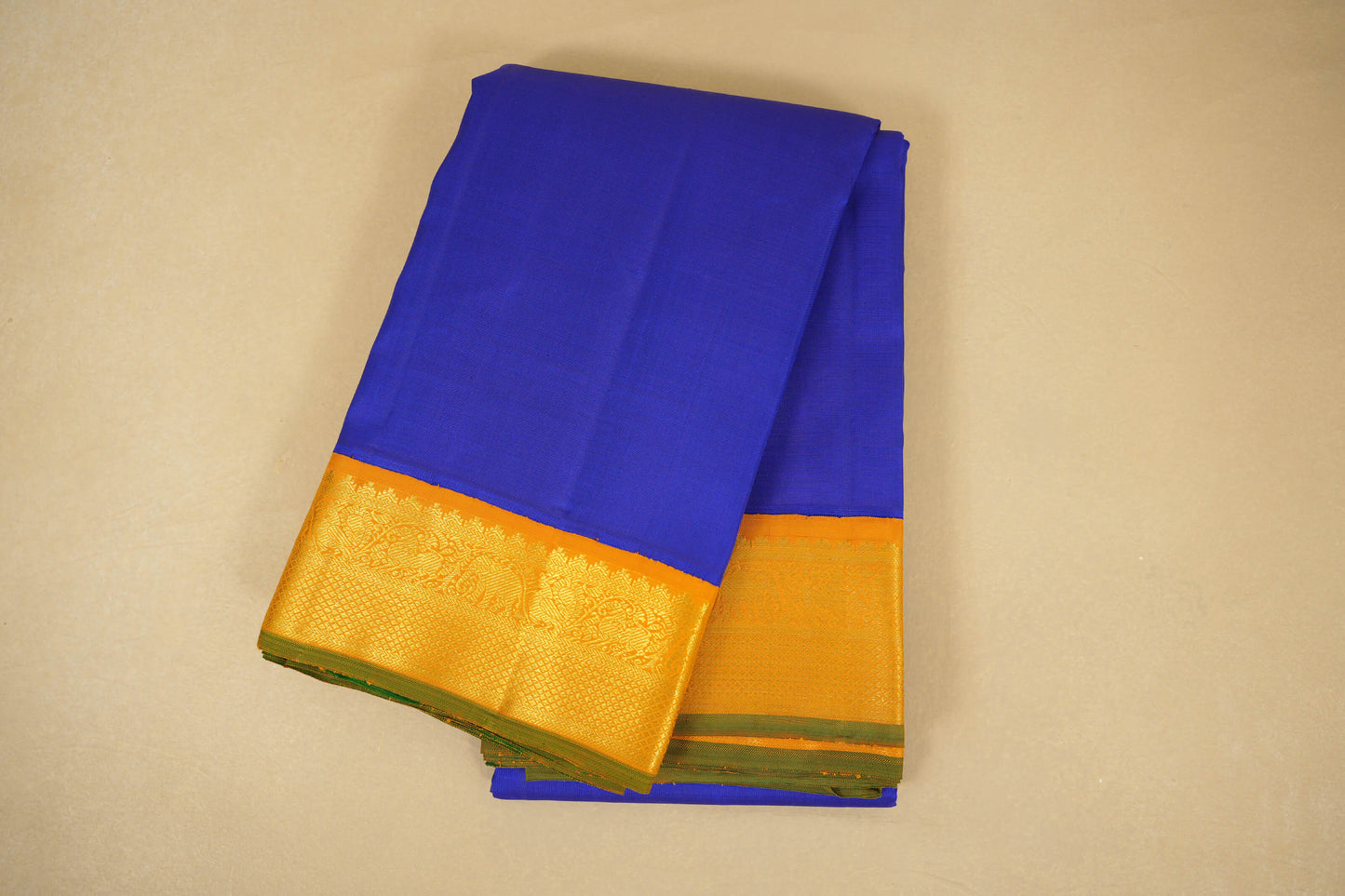 Folded Ink Blue with Mustard Borders Vintage Kanjivaram Silk Saree  