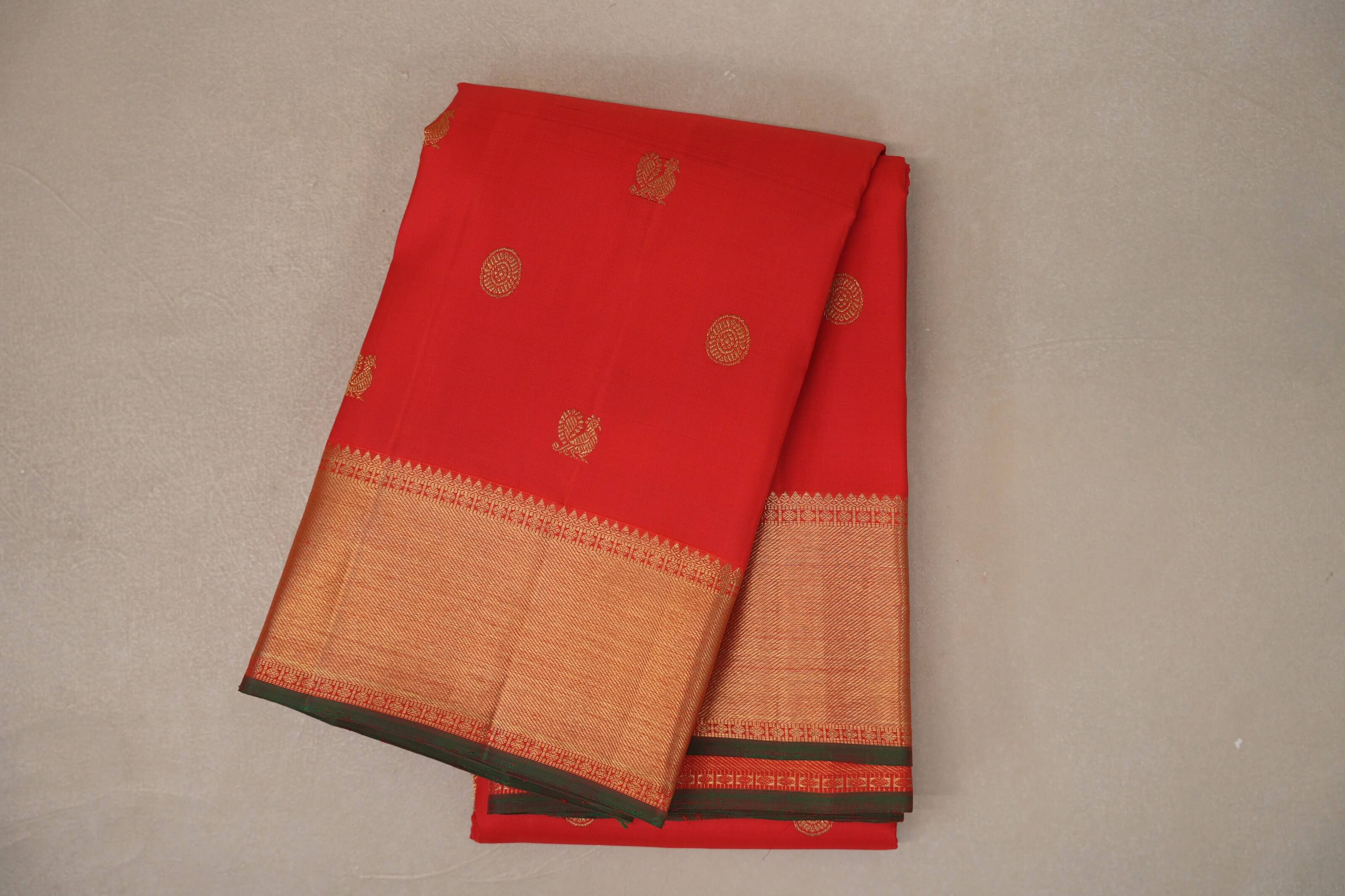 Bright Orangish Red Vintage Heirloom Kanjivaram Silk Saree SS9476