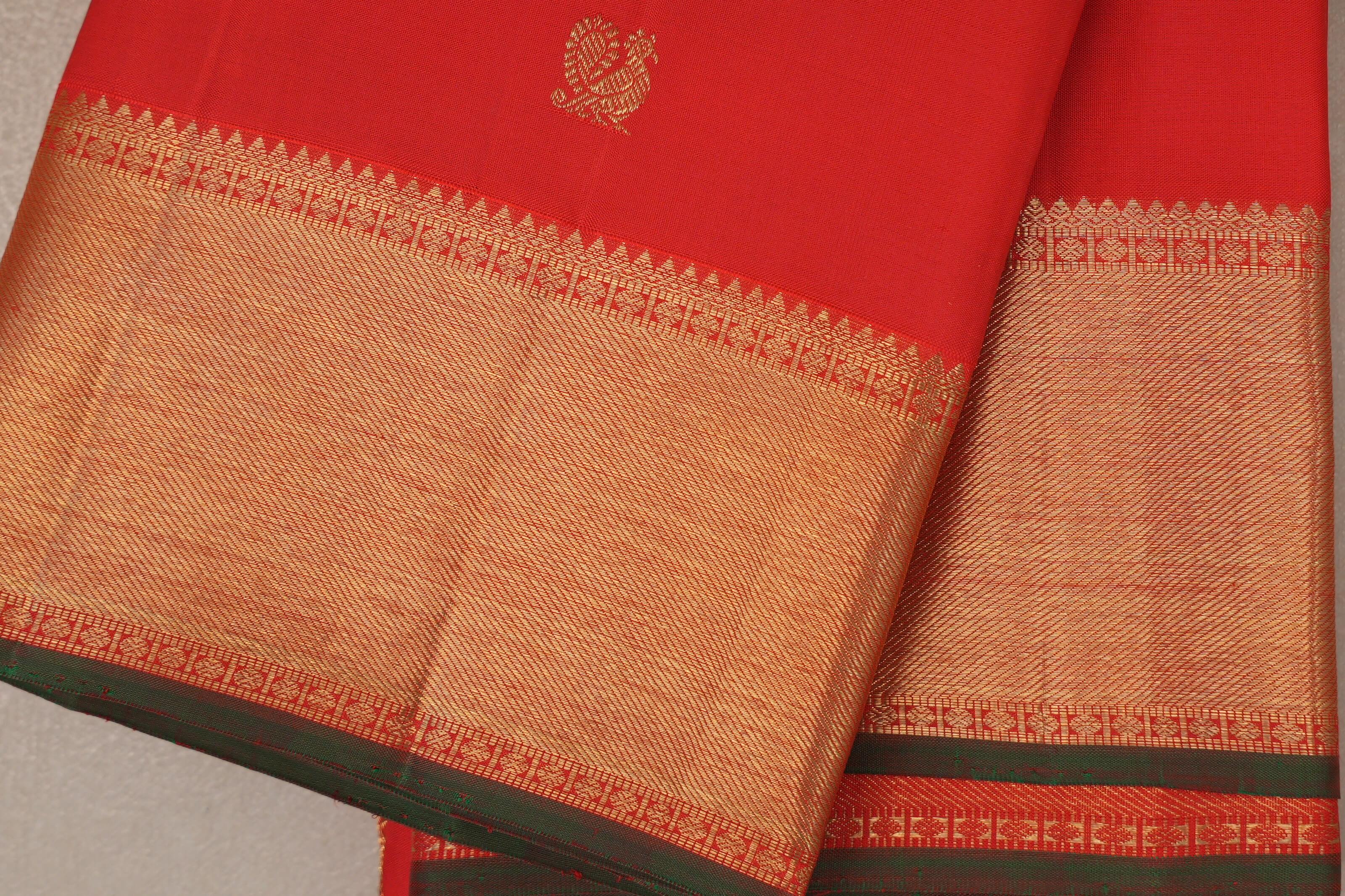 Bright Orangish Red Vintage Heirloom Kanjivaram Silk Saree SS9476