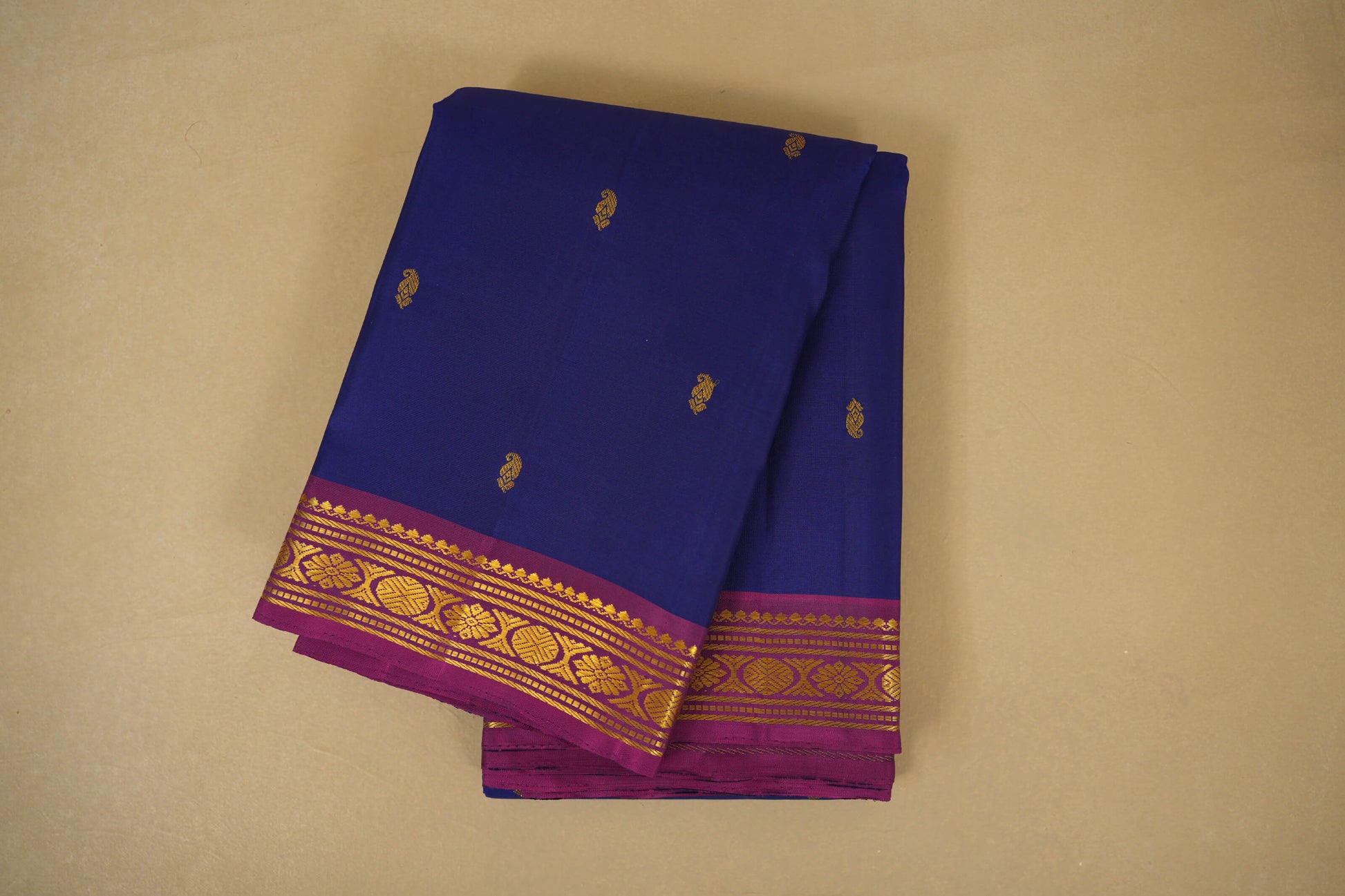 Folded  Navy Blue with Magenta Borders Vintage Kanjivaram Silk Saree