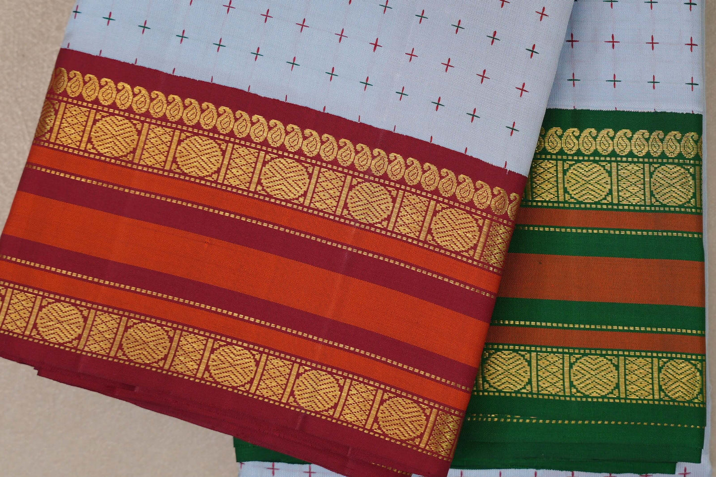 Bluish grey with Reddish Maroon and Emerald Green borders Vintage Kanjivaram Silk Saree SS9477