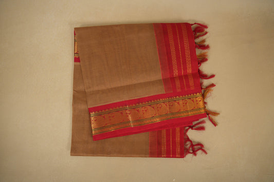Folded Dark Khaki with Red Borders Silk Cotton Saree 
