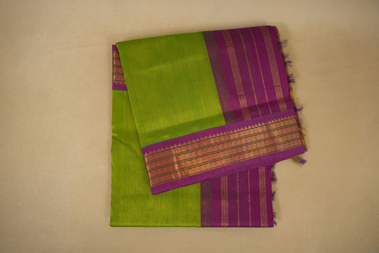 Folded Fluorescent Green with Magenta Borders  Silk Cotton Saree