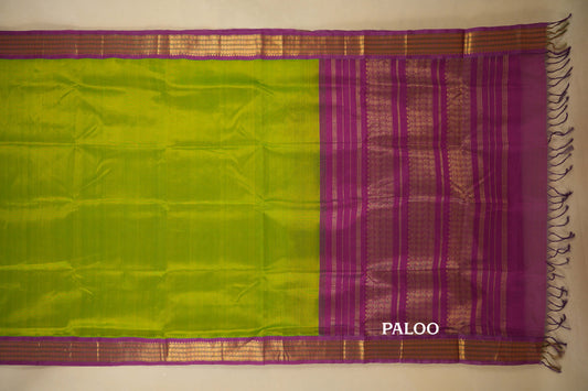 Fluorescent Green with Magenta Borders  Silk Cotton Saree paloo