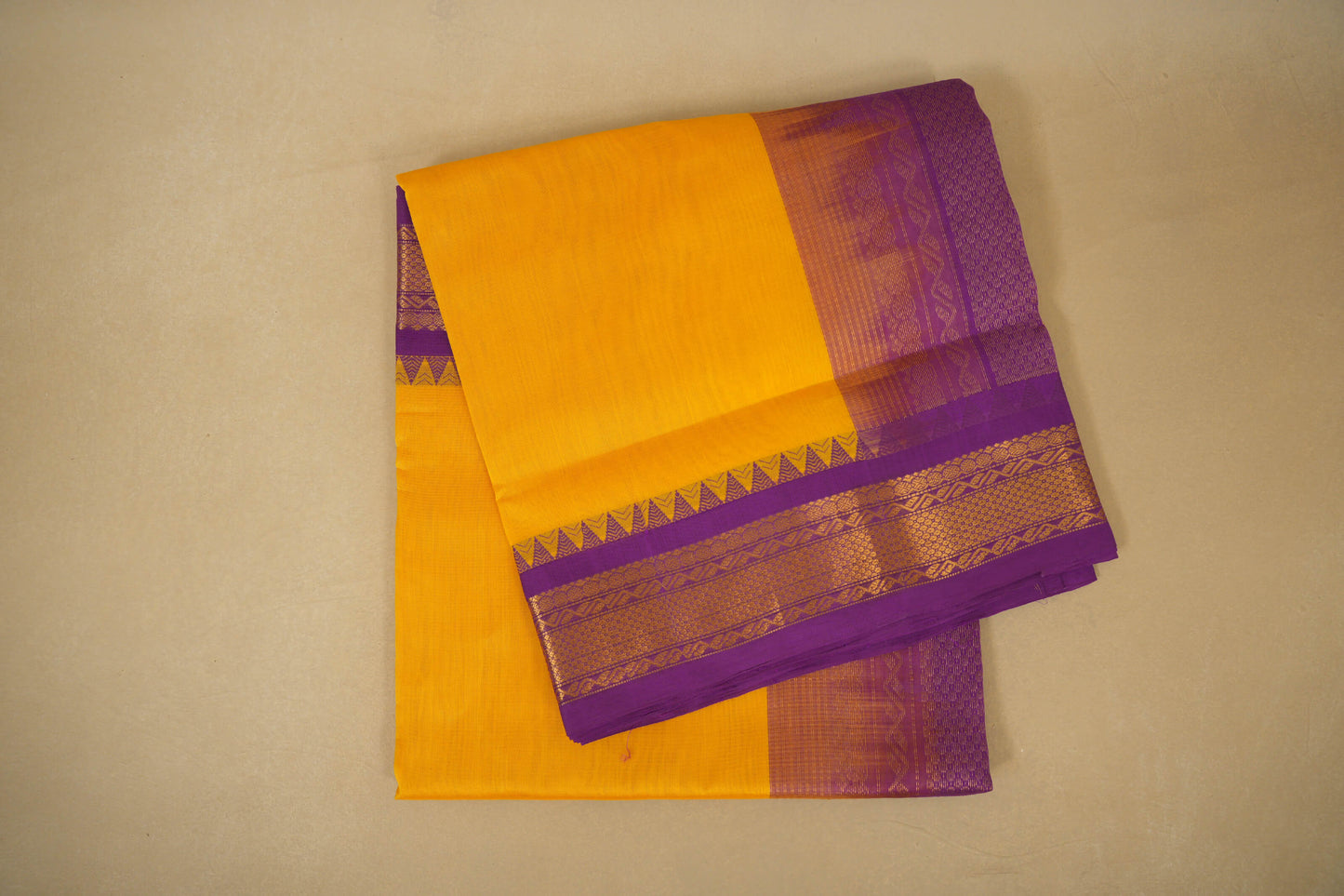 folded Yellow with Magenta Borders Vintage Kanjivaram Silk Saree